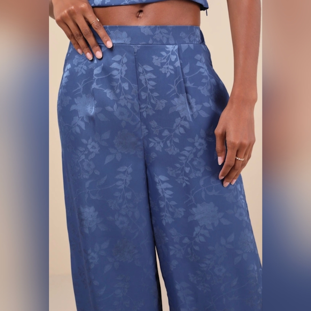 Lulus Significant Elegance Dark Blue Floral Jacquard High-rise Pants - Size M